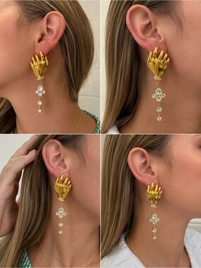 Anthropologie Gold Hand Drop Earrings with Crystal Flower Dangle